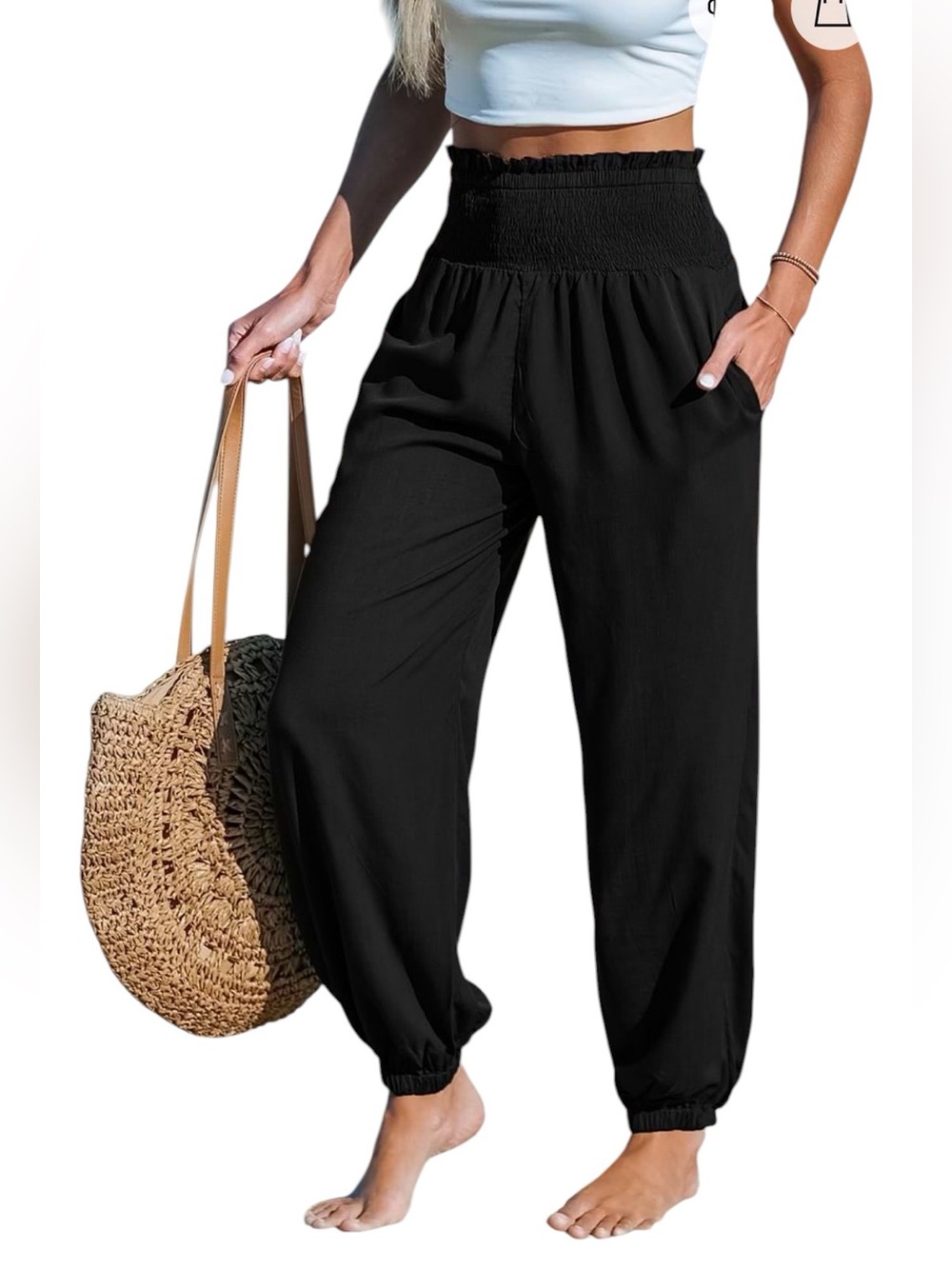 CUPSHE - NWT Ocean Mist Black Smocked Waist Tapered Beach Pants Sz L